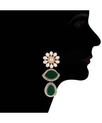 Gold Plated Green Stone Kundan Necklace Jewellery Set for   5