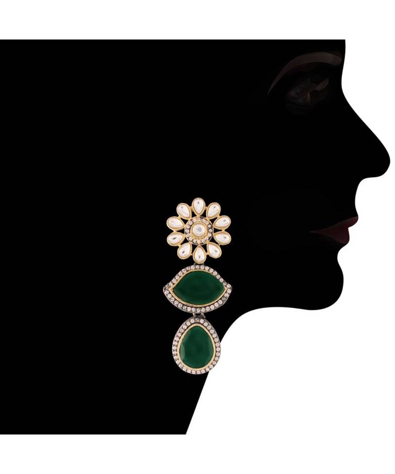 Gold Plated Green Stone Kundan Necklace Jewellery Set for  