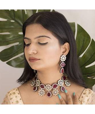 Gold Plated Maroon Stone Kundan Necklace Jewellery Set for   1