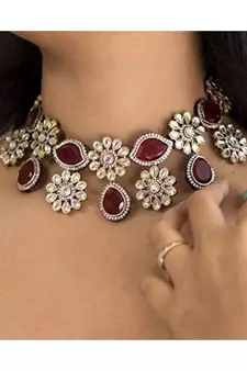 Gold Plated Maroon Stone Kundan Necklace Jewellery Set for  