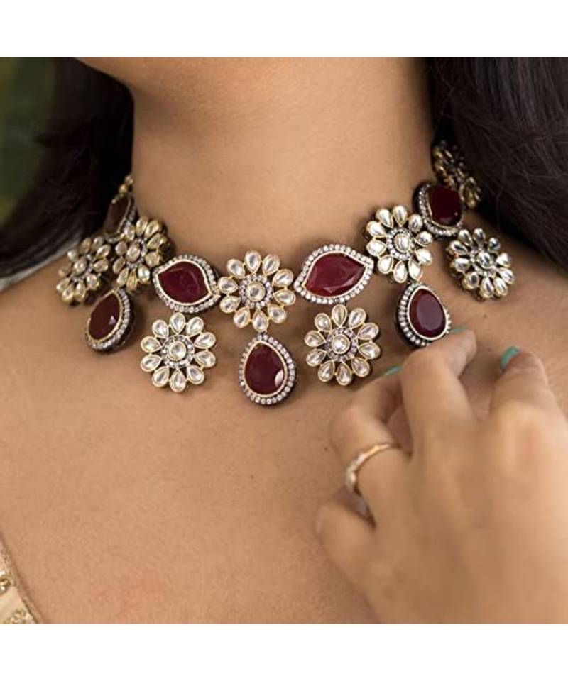 Gold Plated Maroon Stone Kundan Necklace Jewellery Set for  