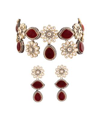 Gold Plated Maroon Stone Kundan Necklace Jewellery Set for   3