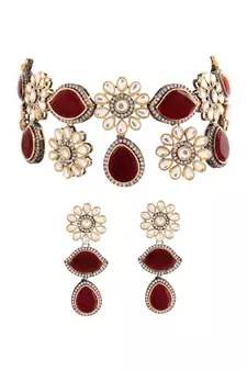 Gold Plated Maroon Stone Kundan Necklace Jewellery Set for  
