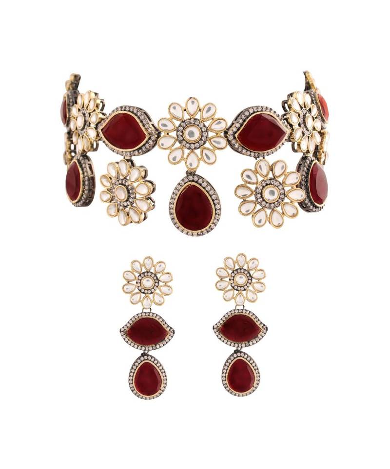Gold Plated Maroon Stone Kundan Necklace Jewellery Set for  