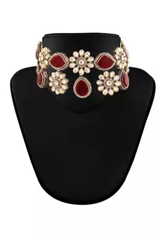 Gold Plated Maroon Stone Kundan Necklace Jewellery Set for  
