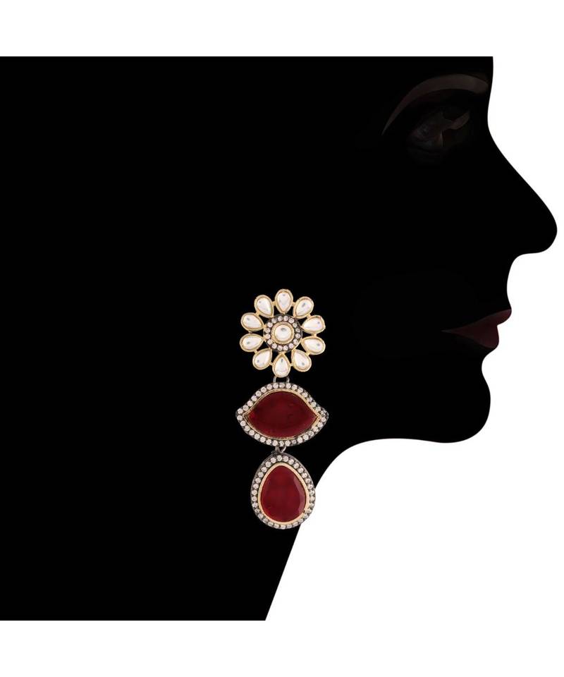Gold Plated Maroon Stone Kundan Necklace Jewellery Set for  
