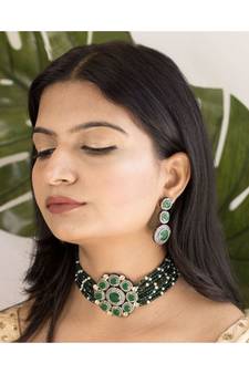 Traditional Green Stone Studded & Beaded Choker Necklace Jewellery Set For Girls (K7205G)