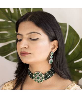 Traditional Green Stone Studded & Beaded Choker Necklace Jewellery Set For Girls  1