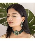 Traditional Green Stone Studded & Beaded Choker Necklace Jewellery Set For Girls 
