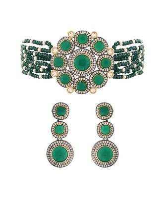 Traditional Green Stone Studded & Beaded Choker Necklace Jewellery Set For Girls  2