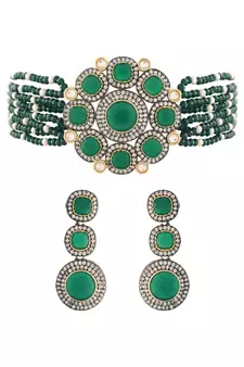 Traditional Green Stone Studded & Beaded Choker Necklace Jewellery Set For Girls 