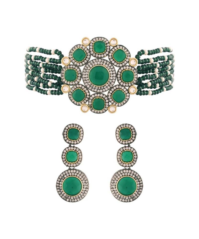 Traditional Green Stone Studded & Beaded Choker Necklace Jewellery Set For Girls 