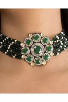 Traditional Green Stone Studded & Beaded Choker Necklace Jewellery Set For Girls 
