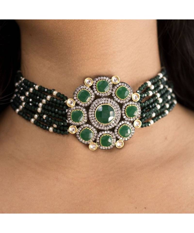 Traditional Green Stone Studded & Beaded Choker Necklace Jewellery Set For Girls 
