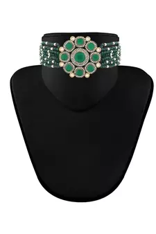 Traditional Green Stone Studded & Beaded Choker Necklace Jewellery Set For Girls 
