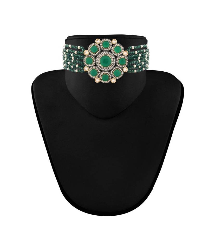 Traditional Green Stone Studded & Beaded Choker Necklace Jewellery Set For Girls 