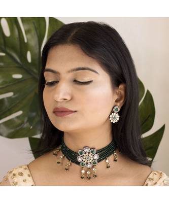 Gold Plated Traditional Green Stone Studded & Beaded Choker Necklace Jewellery Set For Girls  1