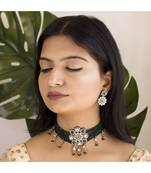 Gold Plated Traditional Green Stone Studded & Beaded Choker Necklace Jewellery Set For Girls 