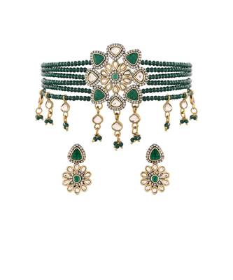 Gold Plated Traditional Green Stone Studded & Beaded Choker Necklace Jewellery Set For Girls  2