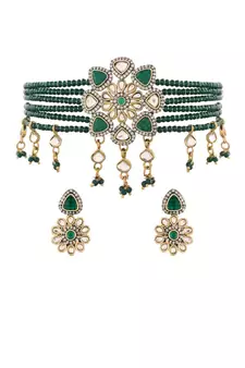 Gold Plated Traditional Green Stone Studded & Beaded Choker Necklace Jewellery Set For Girls 