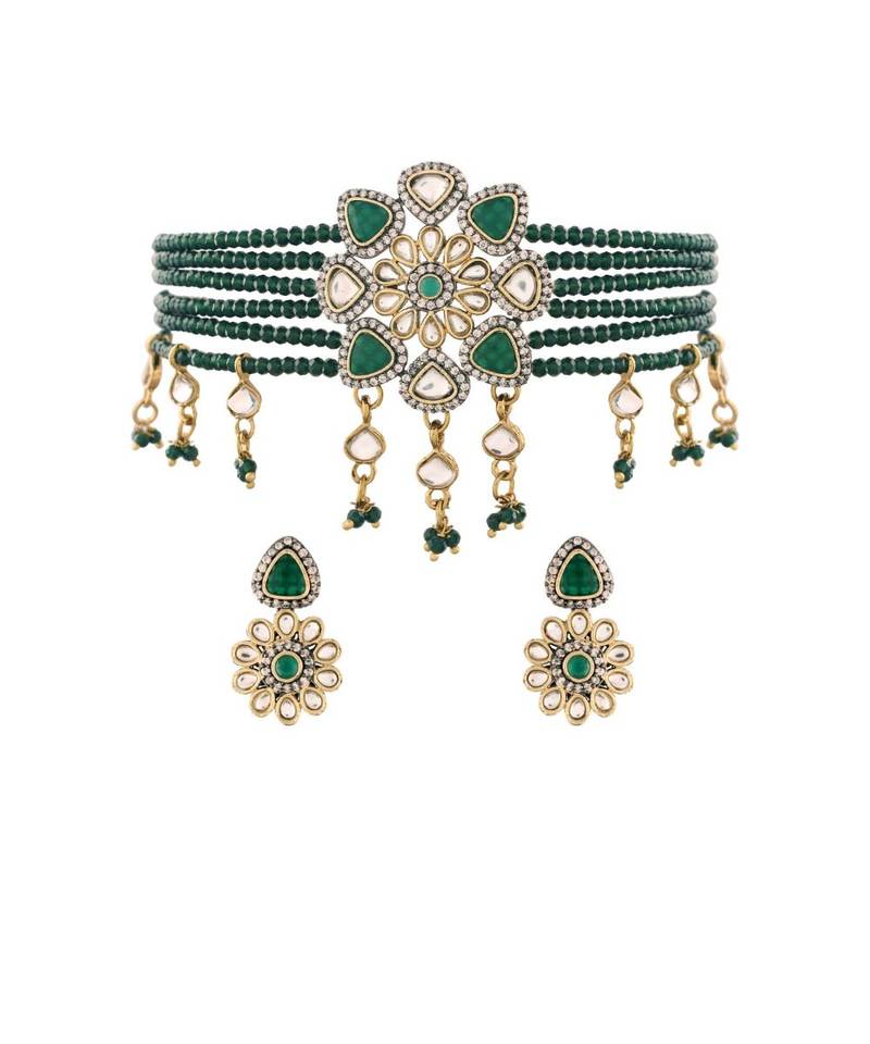 Gold Plated Traditional Green Stone Studded & Beaded Choker Necklace Jewellery Set For Girls 