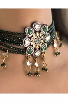 Gold Plated Traditional Green Stone Studded & Beaded Choker Necklace Jewellery Set For Girls 