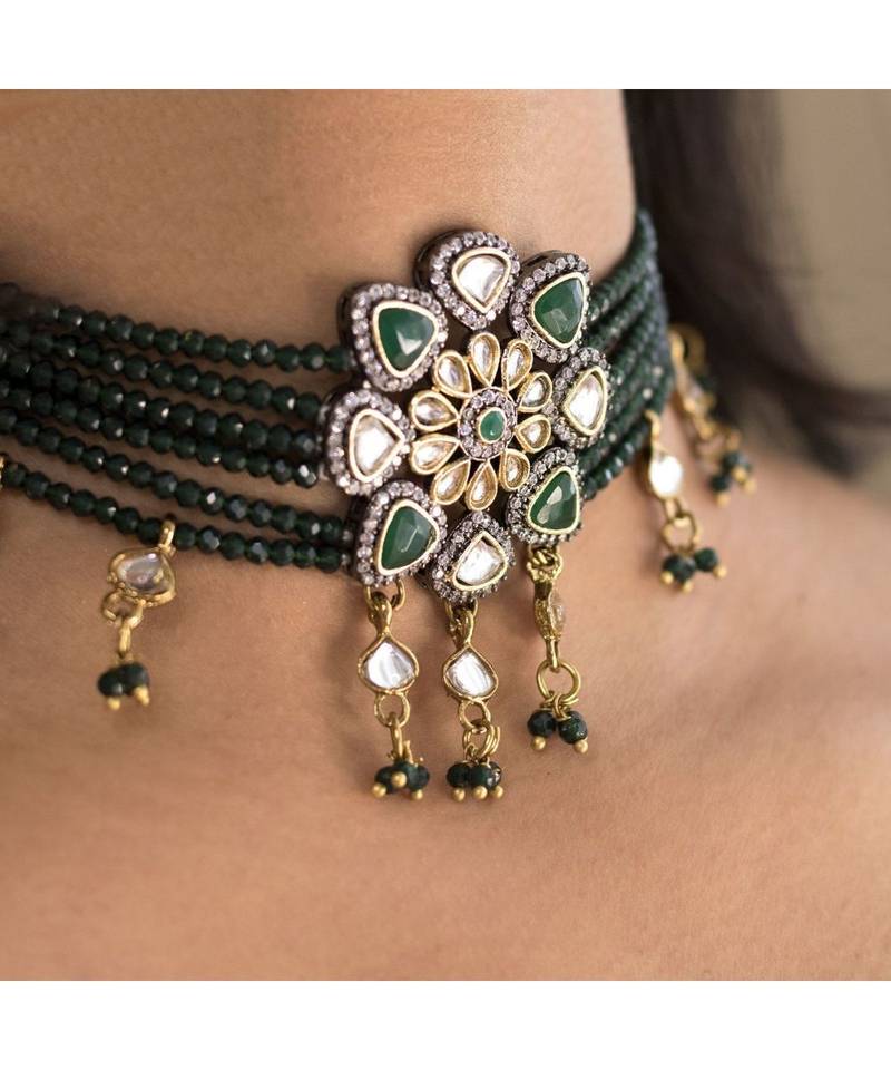 Gold Plated Traditional Green Stone Studded & Beaded Choker Necklace Jewellery Set For Girls 