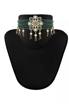 Gold Plated Traditional Green Stone Studded & Beaded Choker Necklace Jewellery Set For Girls 