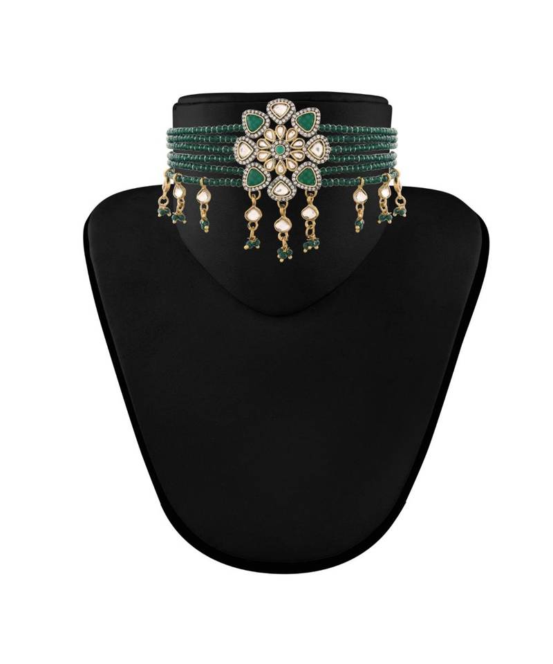 Gold Plated Traditional Green Stone Studded & Beaded Choker Necklace Jewellery Set For Girls 