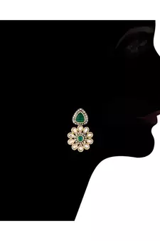 Gold Plated Traditional Green Stone Studded & Beaded Choker Necklace Jewellery Set For Girls 