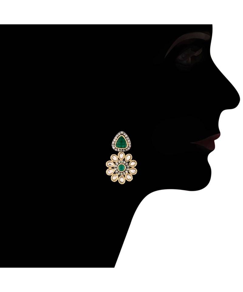 Gold Plated Traditional Green Stone Studded & Beaded Choker Necklace Jewellery Set For Girls 