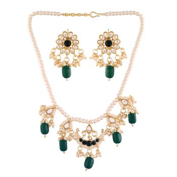 Gold Plated Green Beaded Pearl Moti Mala Necklace Jewellery Set for   2