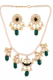 Gold Plated Green Beaded Pearl Moti Mala Necklace Jewellery Set for  