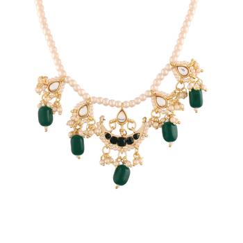 Gold Plated Green Beaded Pearl Moti Mala Necklace Jewellery Set for   3