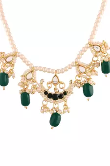 Gold Plated Green Beaded Pearl Moti Mala Necklace Jewellery Set for  