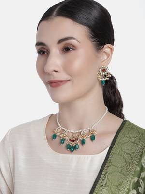 Gold Plated Green Beaded Pearl Moti Mala Necklace Jewellery Set for   1