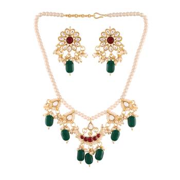 Gold Plated Green Beaded Pearl Moti Mala Necklace Jewellery Set for   2