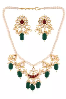 Gold Plated Green Beaded Pearl Moti Mala Necklace Jewellery Set for  