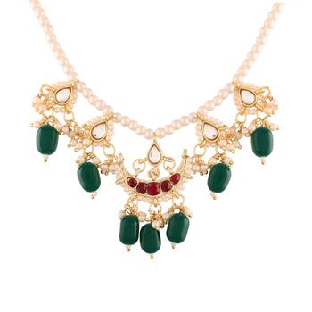 Gold Plated Green Beaded Pearl Moti Mala Necklace Jewellery Set for   3