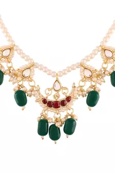 Gold Plated Green Beaded Pearl Moti Mala Necklace Jewellery Set for  