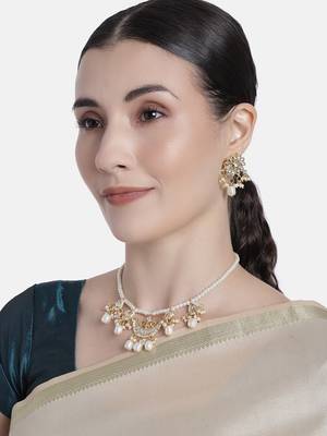 Gold Plated White Pearl Moti Mala Necklace Jewellery Set for   1