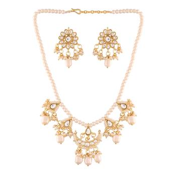 Gold Plated White Pearl Moti Mala Necklace Jewellery Set for   2