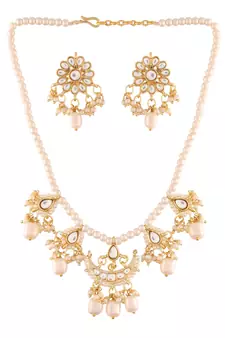 Gold Plated White Pearl Moti Mala Necklace Jewellery Set for  