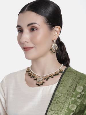 Gold Plated Kundan Pearl Moti Mala Necklace Jewellery Set for   1
