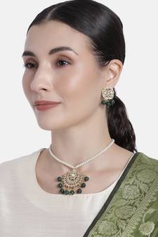 Kundan Pearl Studded & Beaded Moti Mala Necklace Jewellery Set for  (ML303G)
