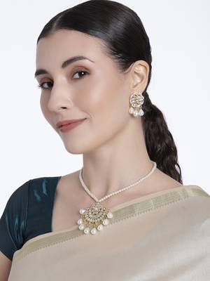 Gold Plated Kundan Pearl Studded & Beaded Moti Mala Necklace Jewellery Set for   1