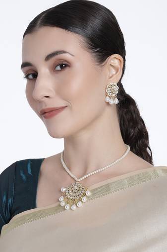 Gold Plated Kundan Pearl Studded & Beaded Moti Mala Necklace Jewellery Set for  