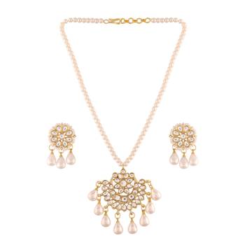 Gold Plated Kundan Pearl Studded & Beaded Moti Mala Necklace Jewellery Set for   2