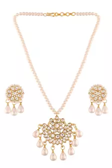 Gold Plated Kundan Pearl Studded & Beaded Moti Mala Necklace Jewellery Set for  