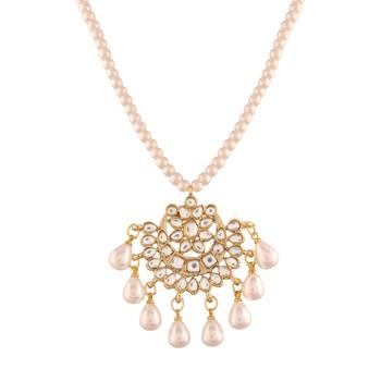 Gold Plated Kundan Pearl Studded & Beaded Moti Mala Necklace Jewellery Set for   3
